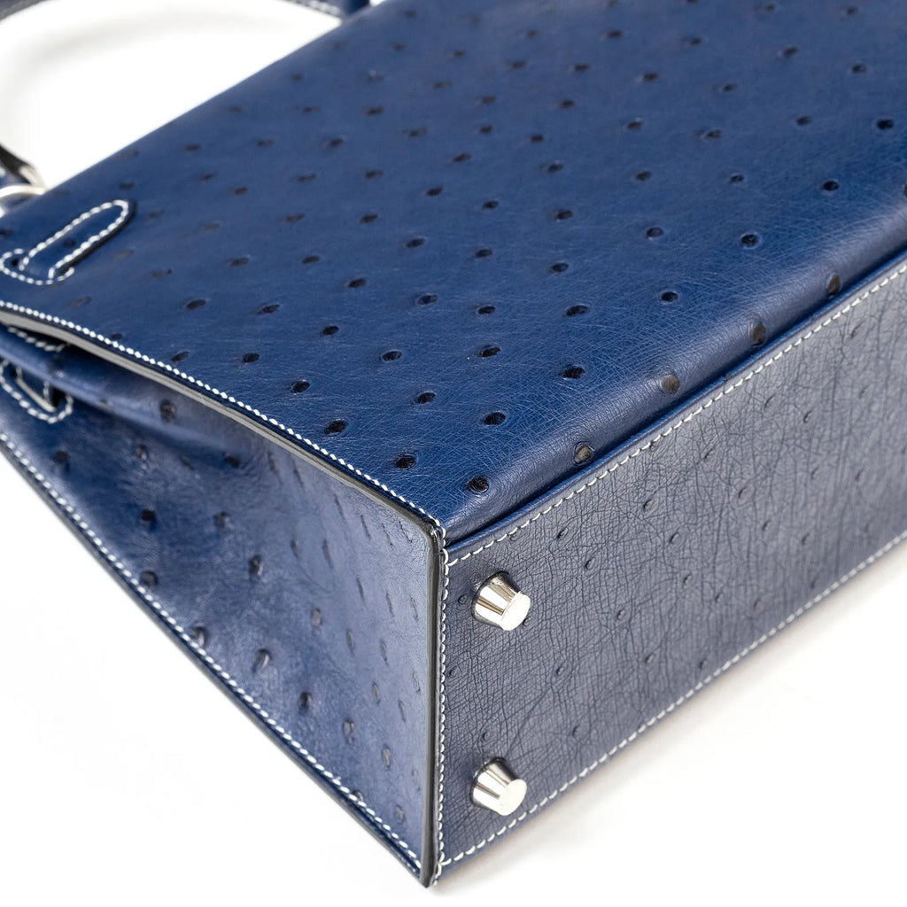 Hermès Special Order HSS Horseshoe Kelly 25 Sellier Ostrich Blue Iris/Gris Brushed Palladium Hardware