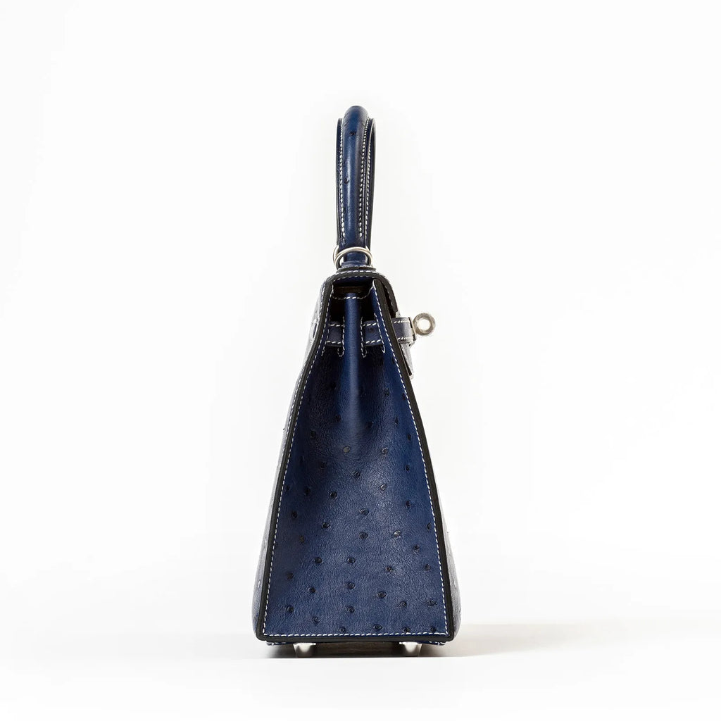 Hermès Special Order HSS Horseshoe Kelly 25 Sellier Ostrich Blue Iris/Gris Brushed Palladium Hardware