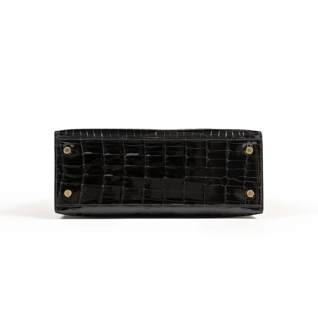 Hermès Kelly 25 Sellier Black Shiny Niloticus Crocodile Gold Hardware