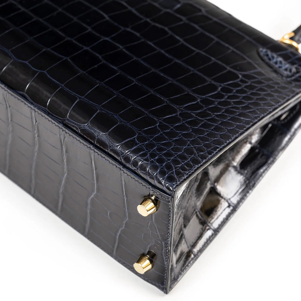 Hermès Kelly 25 Sellier Blue Marine Shiny Alligator Gold Hardware