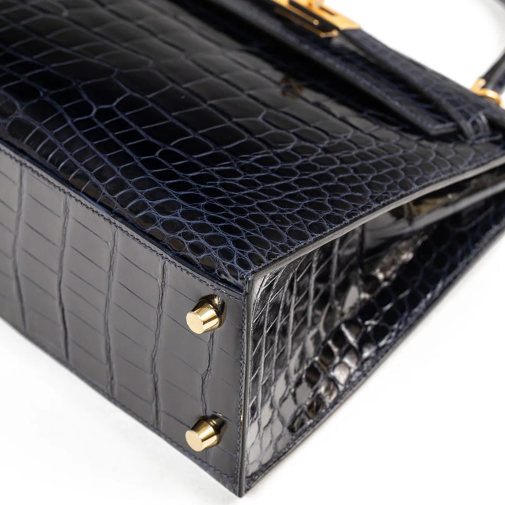 Hermès Kelly 25 Sellier Blue Marine Shiny Alligator Gold Hardware