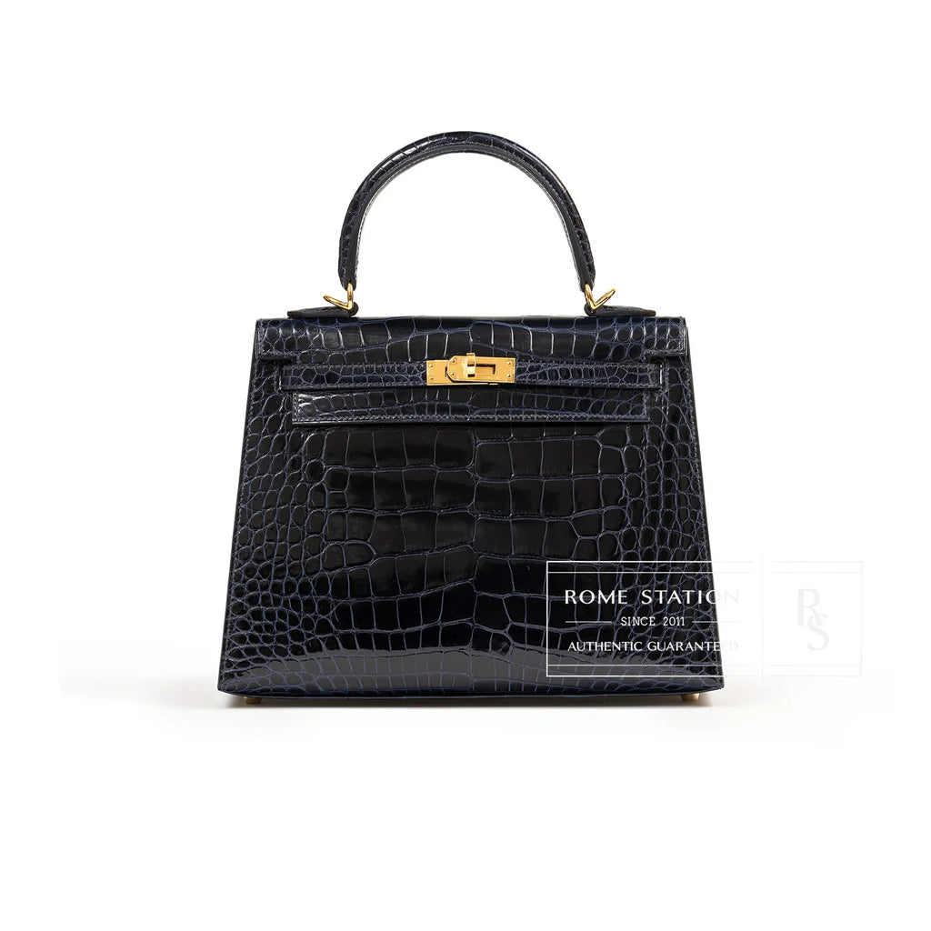 Hermès Kelly 25 Sellier Blue Marine Shiny Alligator Gold Hardware