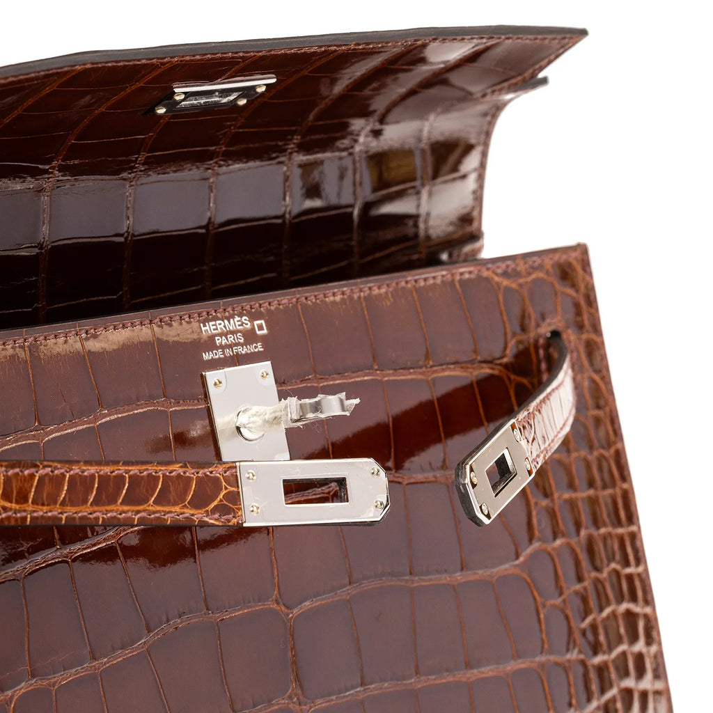 Hermès Kelly 25 Sellier Miel Shiny Alligator Palladium Hardware