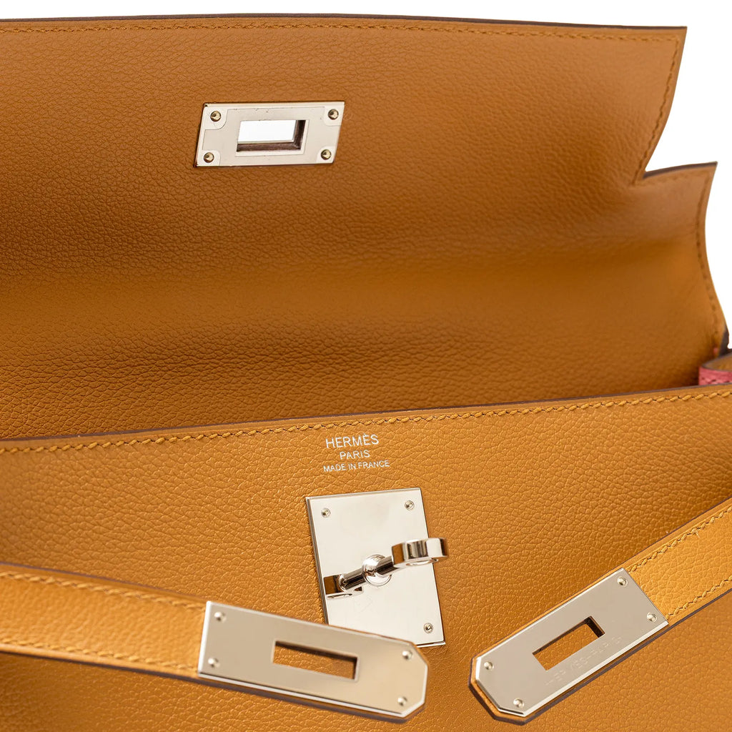 Hermès Kelly 28  Retourne Caramel/Rose D'Ete Evercolor Palladium Hardware