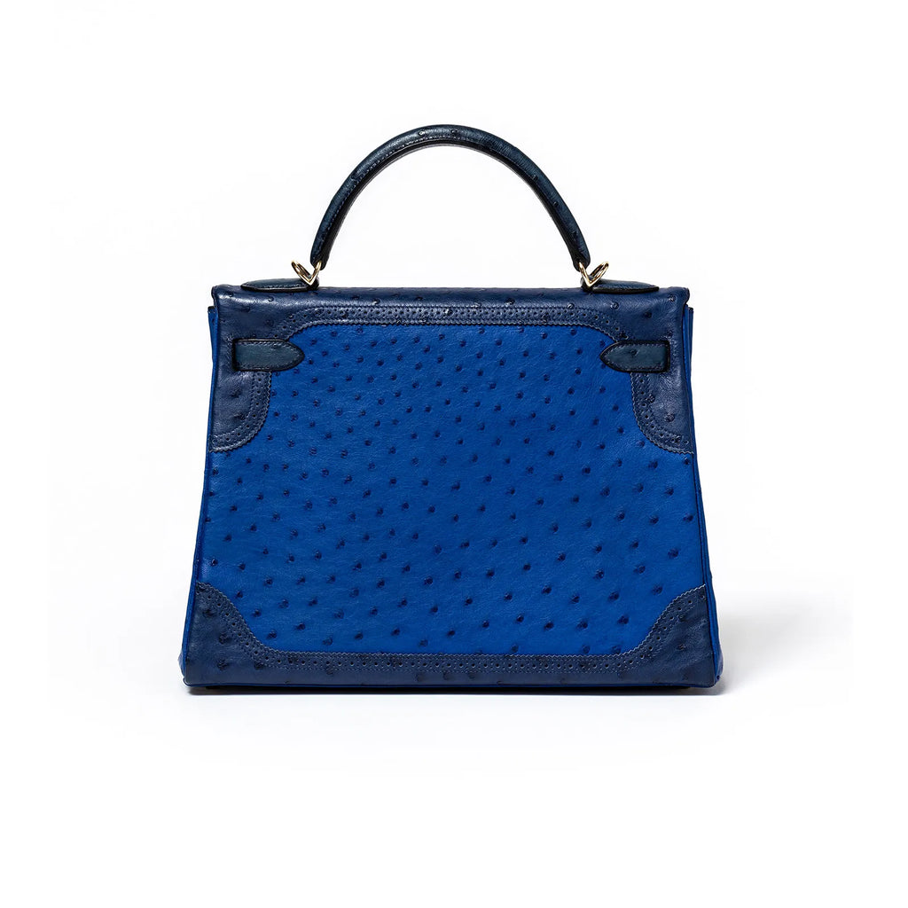 Hermès Kelly 32 Ghillies Blue Sapphire/Blue Iris/Blue Thalassa Ostrich Permabrass Hardware