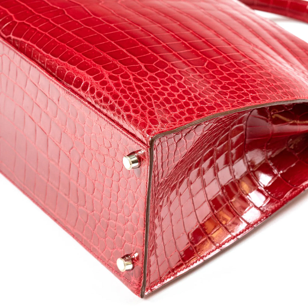 Hermès Kelly 35 Sellier Diamond Rouge Shiny Porosus Crocodile 18K White Gold