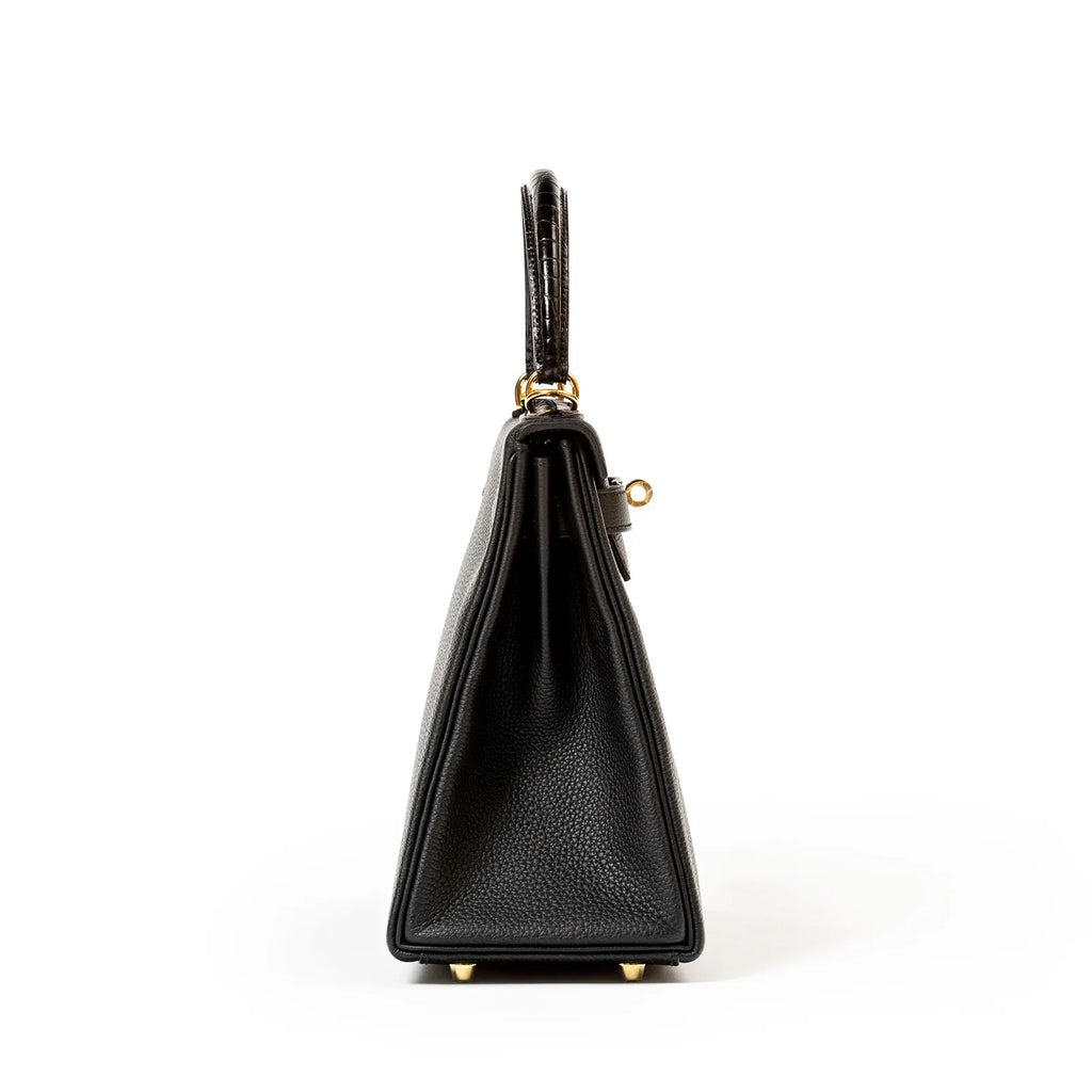 Hermès Kelly Retourne 28 Black Togo and Matte Porosus Crocodile Touch Gold Hardware