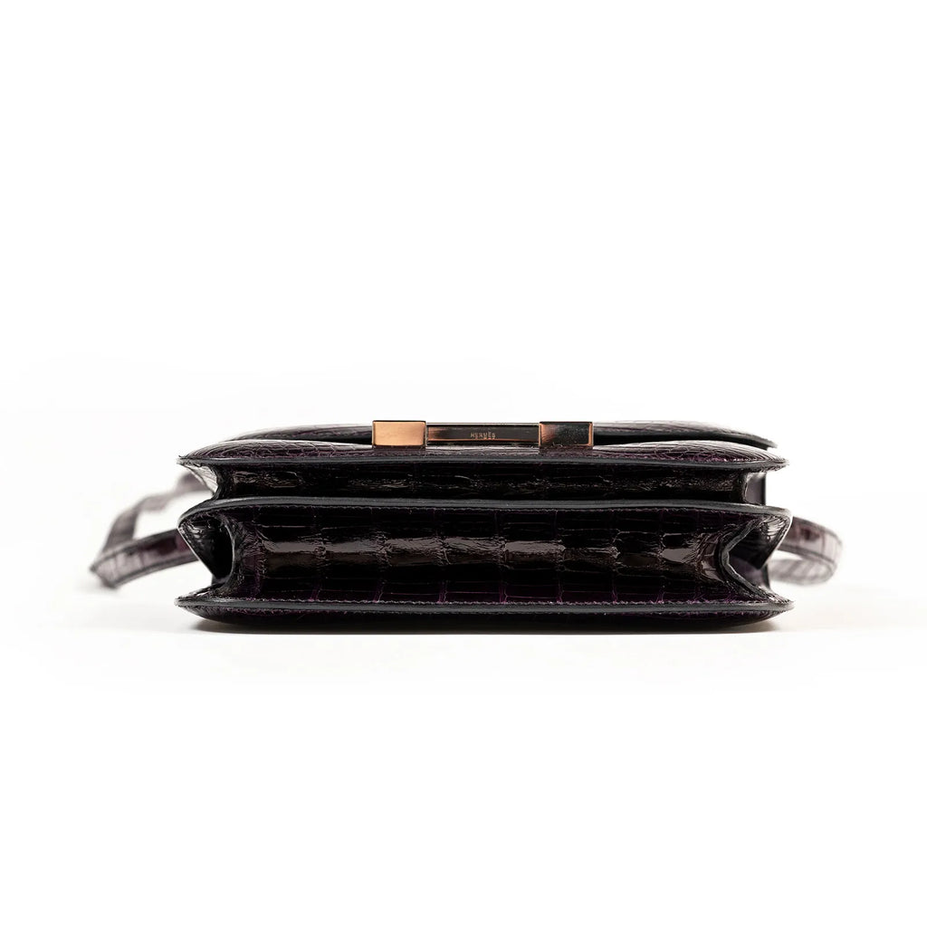 Hermès Mini Constance 18 Aubergine Purple Shiny Alligator Palladium Hardware