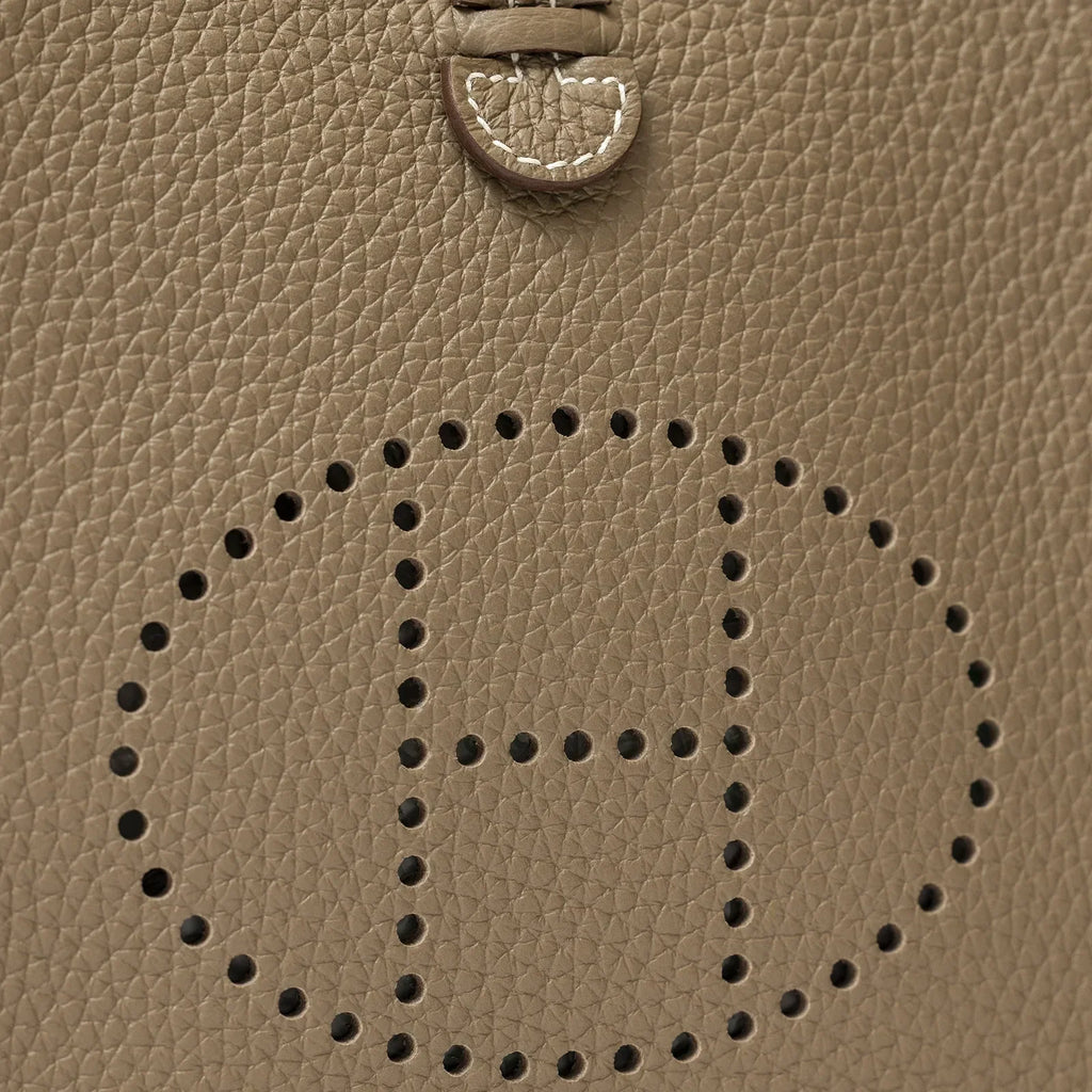 Hermès Mini Evelyne Etoupe/Blue Indigo Clemence Gold Hardware