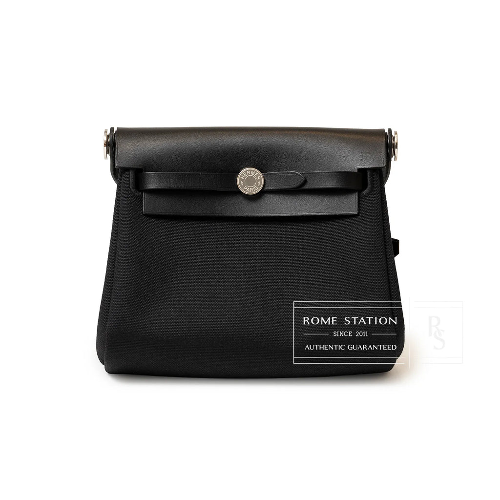 Hermès Mini Herbag Zip 20 Black Toile and Vache Hunter Palladium Hardware