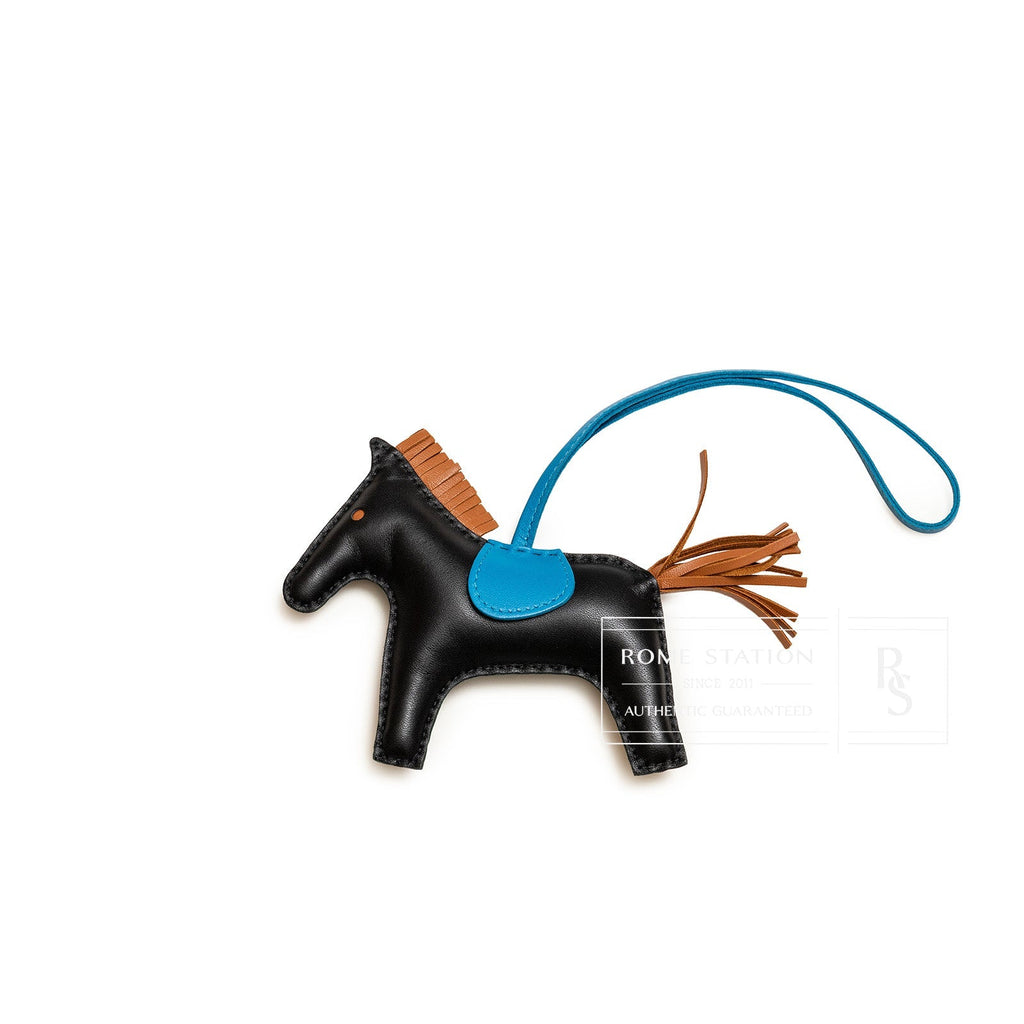Hermès Rodeo MM Charm Noir/Gold/Blue Zanzibar Milo Lambskin