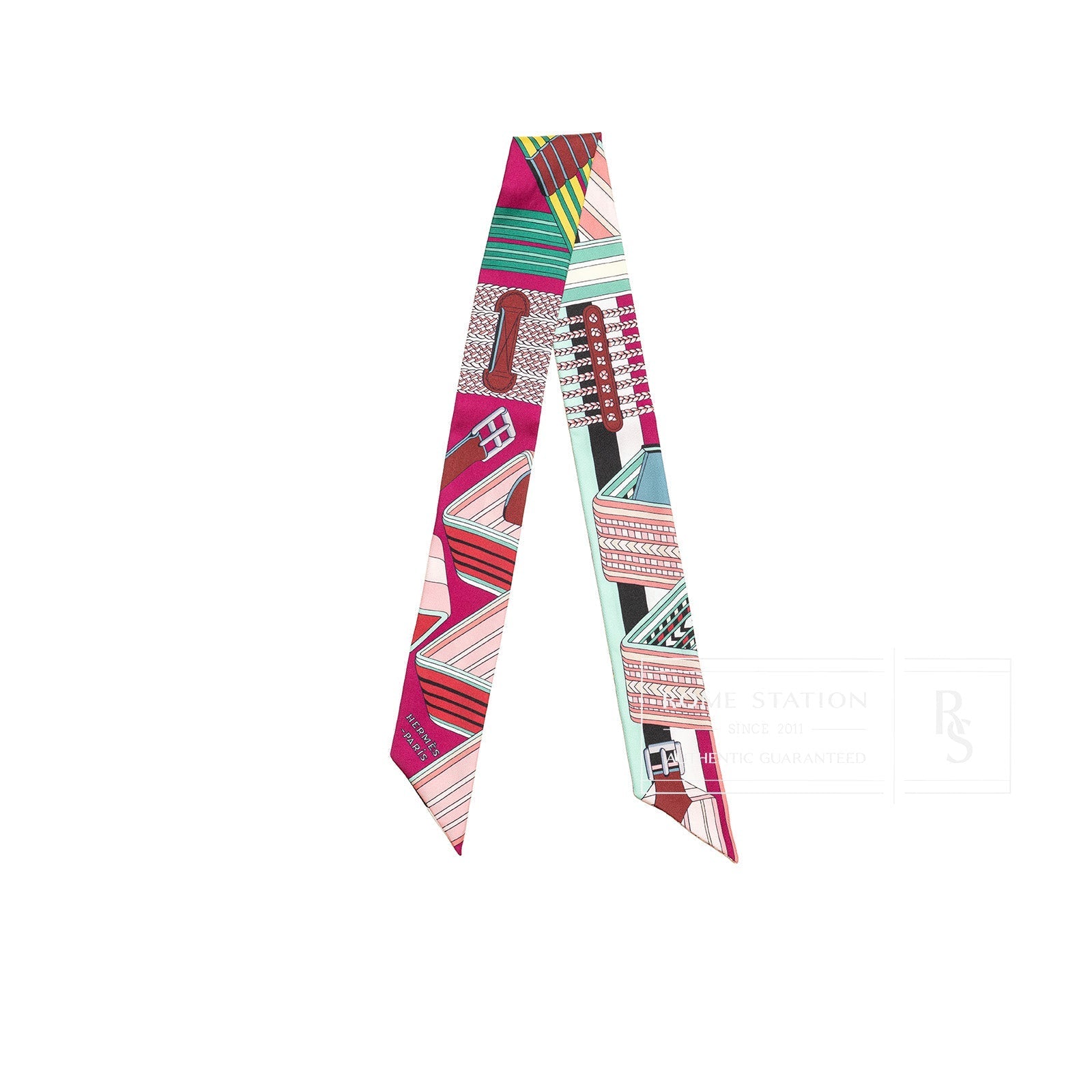 Hermès Twilly Sangles En Zigzag Fuchsia/Vert/Jaune