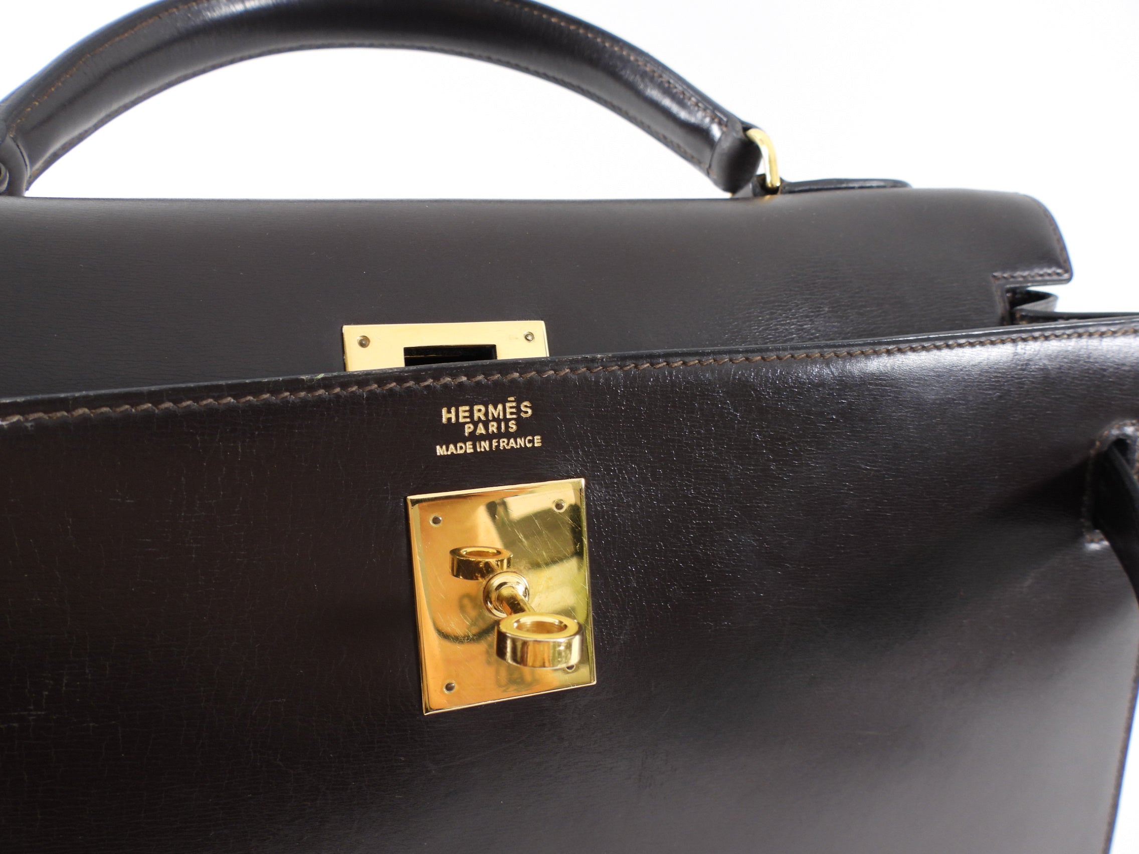 Hermes Vintage 1978 Kelly 32cm Sellier Dark Brown Box Leather Bag GHW