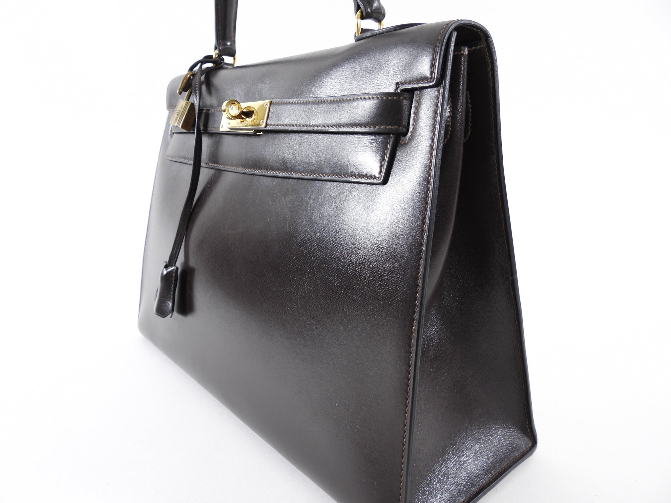 Hermes Vintage 1978 Kelly 32cm Sellier Dark Brown Box Leather Bag GHW
