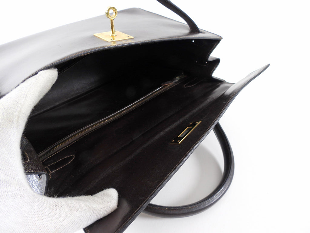 Hermes Vintage 1978 Kelly 32cm Sellier Dark Brown Box Leather Bag GHW