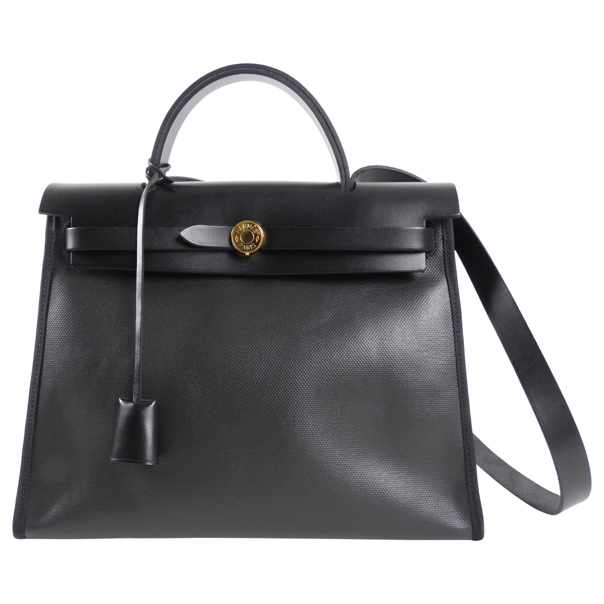 Hermes Herbag Zip 31 Black on Black Coated Canvas and Toile Berline