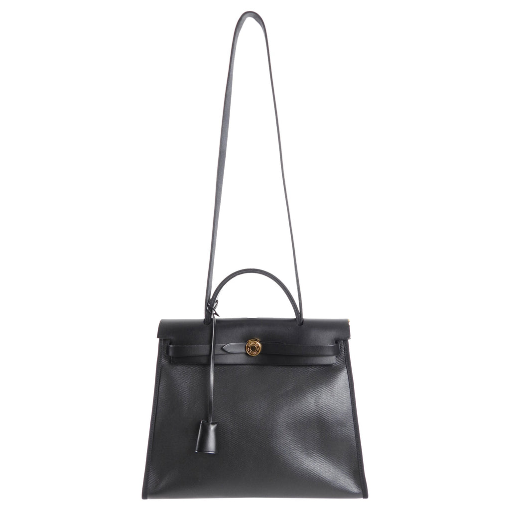 Hermes Herbag Zip 31 Black on Black Coated Canvas and Toile Berline
