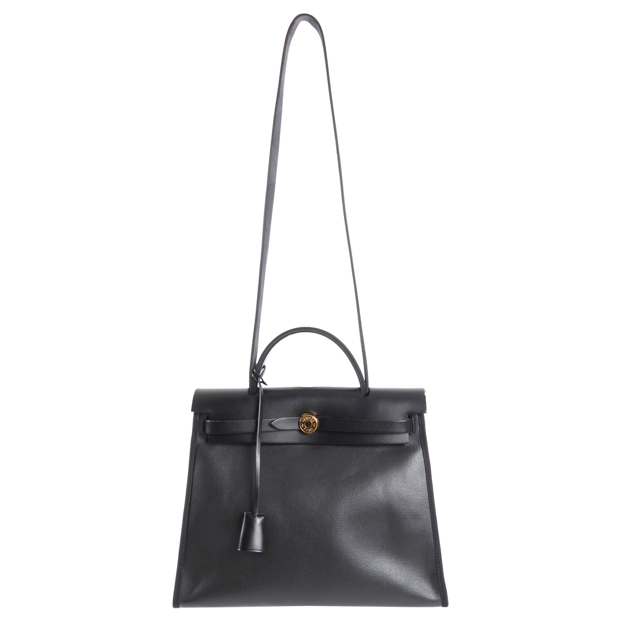 Hermes Herbag Zip 31 Black on Black Coated Canvas and Toile Berline