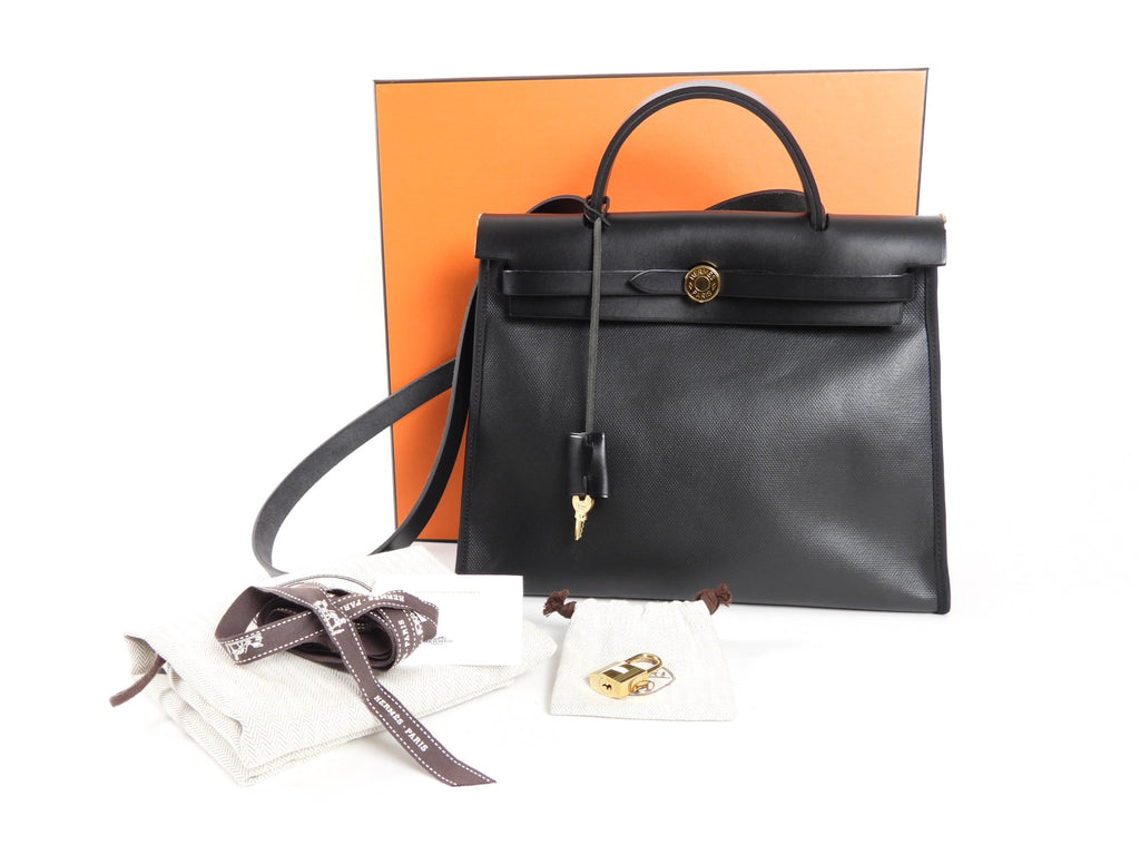 Hermes Herbag Zip 31 Black on Black Coated Canvas and Toile Berline