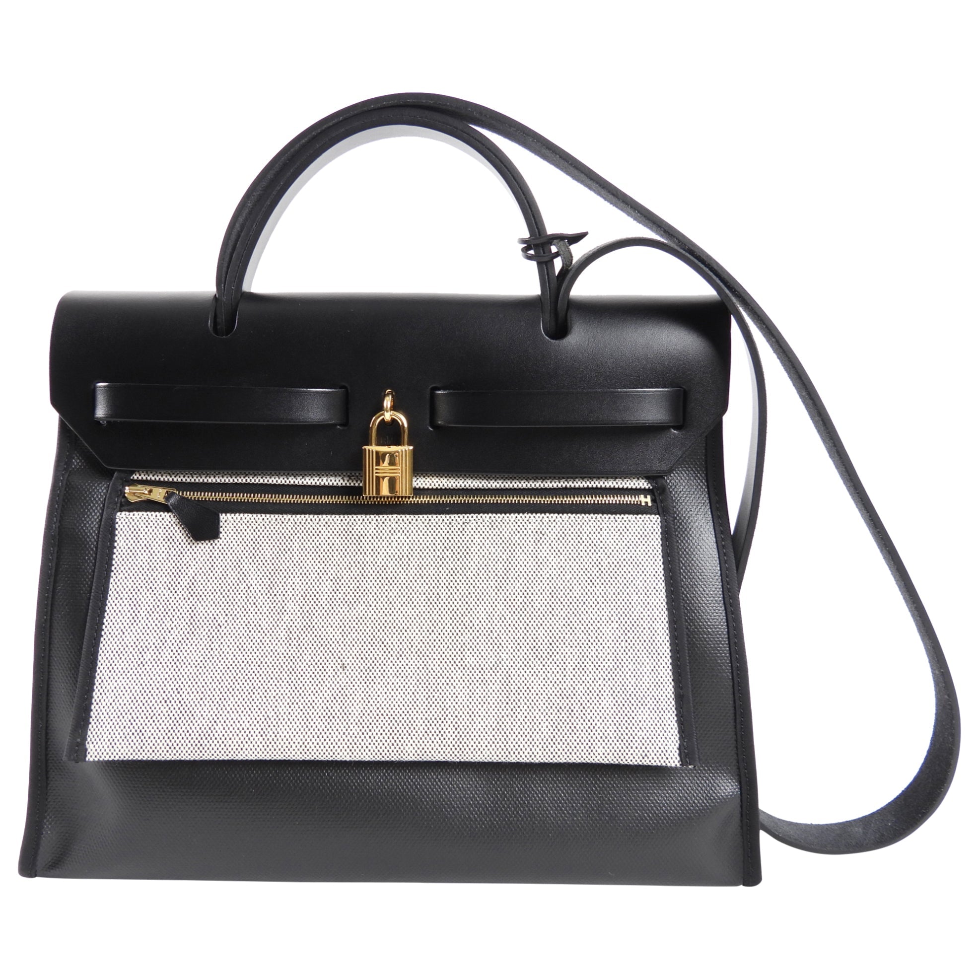 Hermes Herbag Zip 31 Black on Black Coated Canvas and Toile Berline
