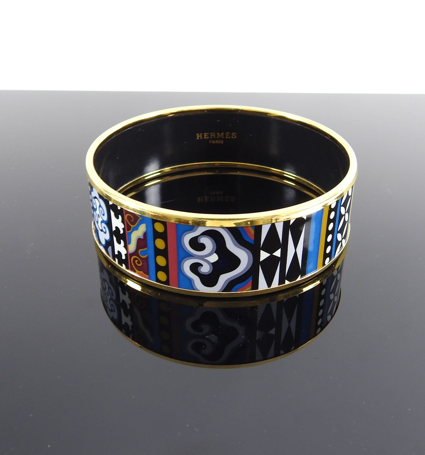 Hermes Blue Geo Gold Printed Enamel Wide Bangle Bracelet