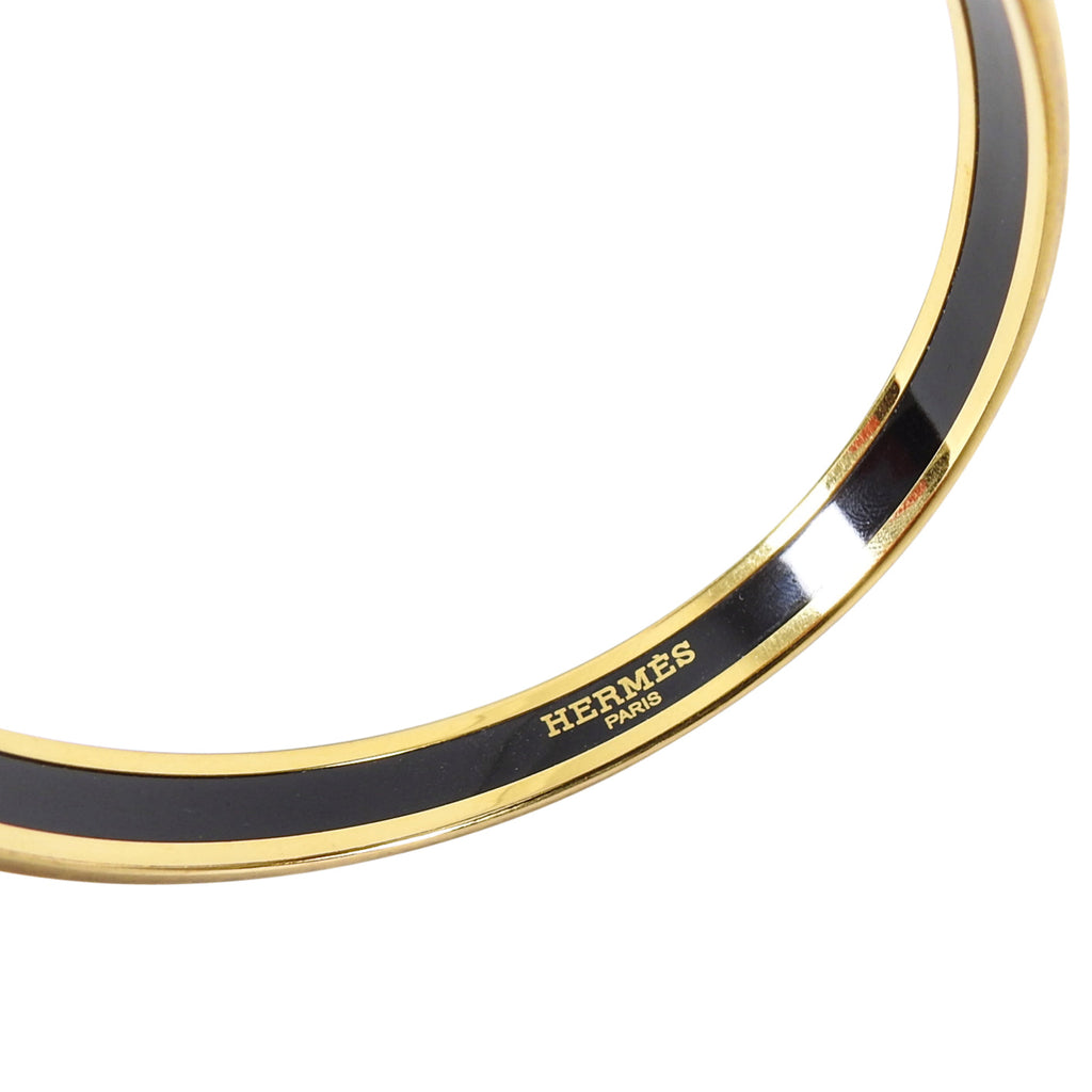 Hermes Printed Enamel Narrow Black and Gold Caleche Bangle