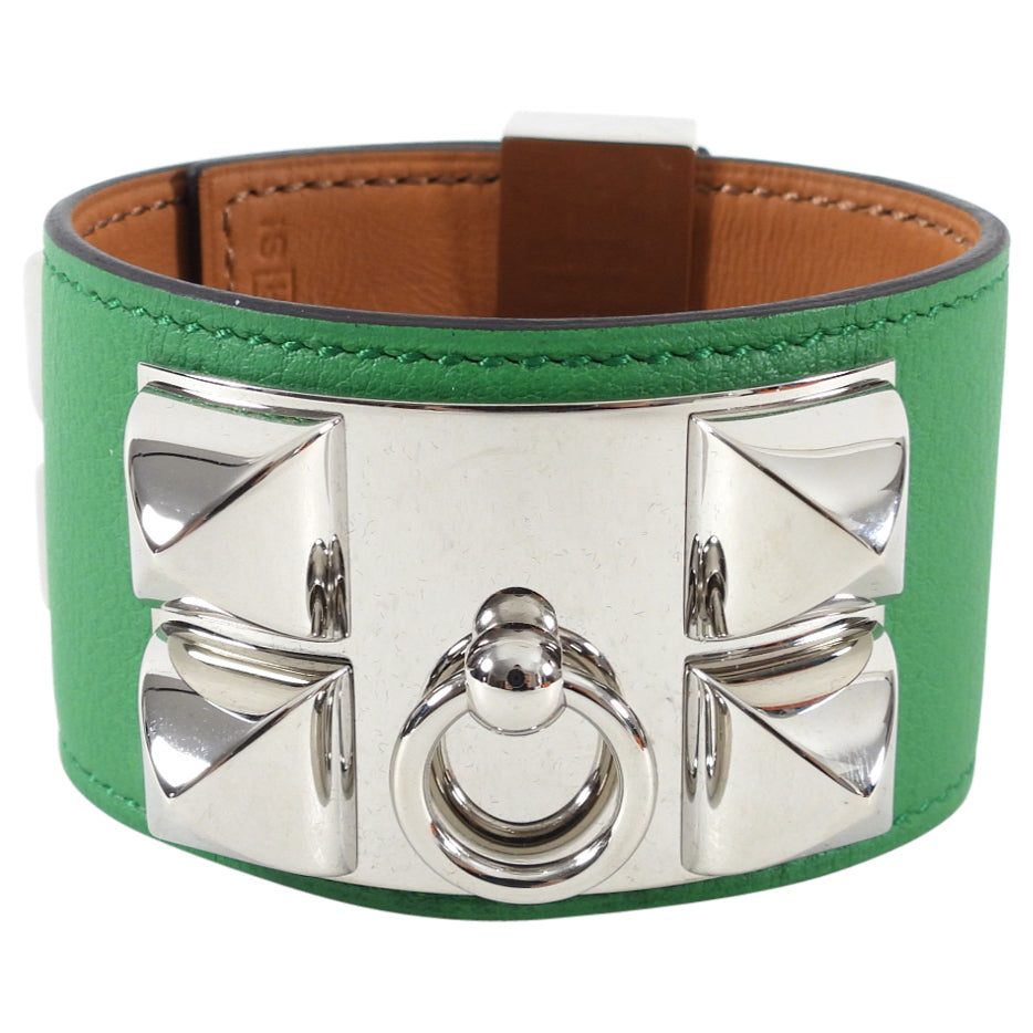 Hermes Collier de Chien Green Bamboo PHW Cuff Bracelet