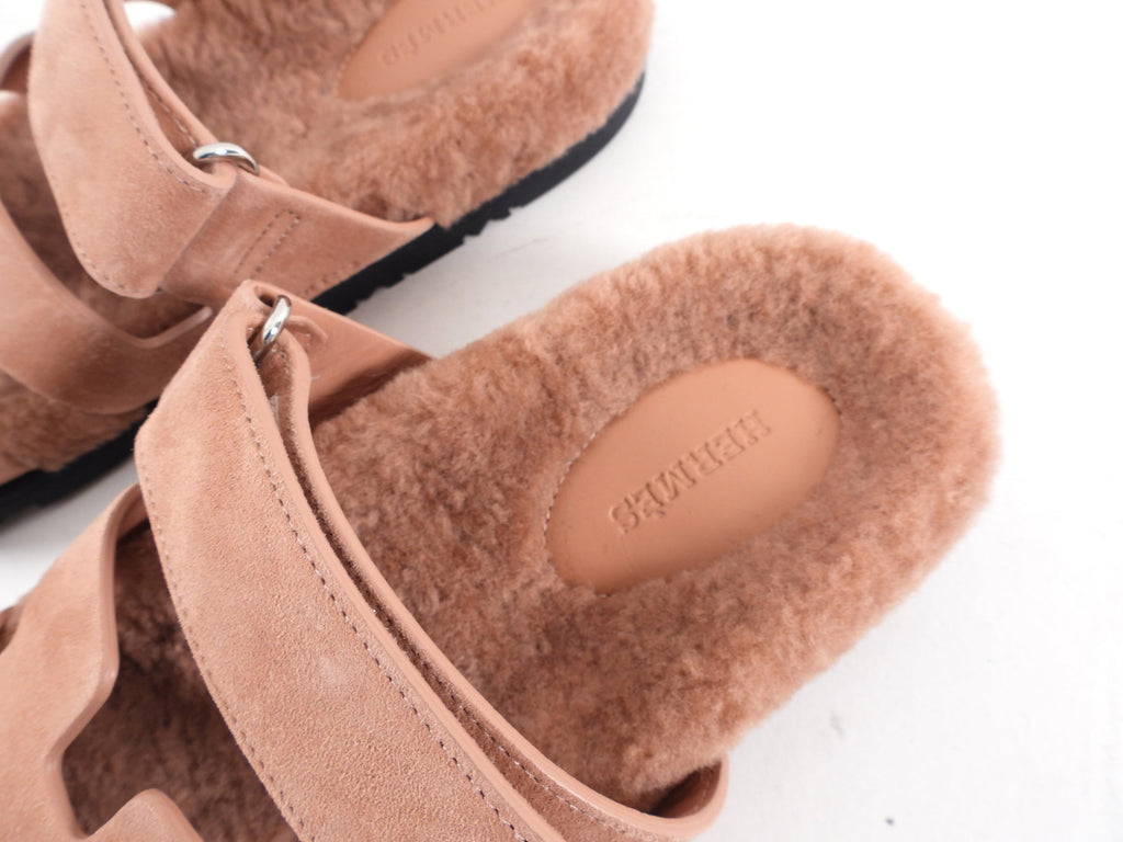 Hermes Chypre Shearling Quartz Pink Sandals - 36