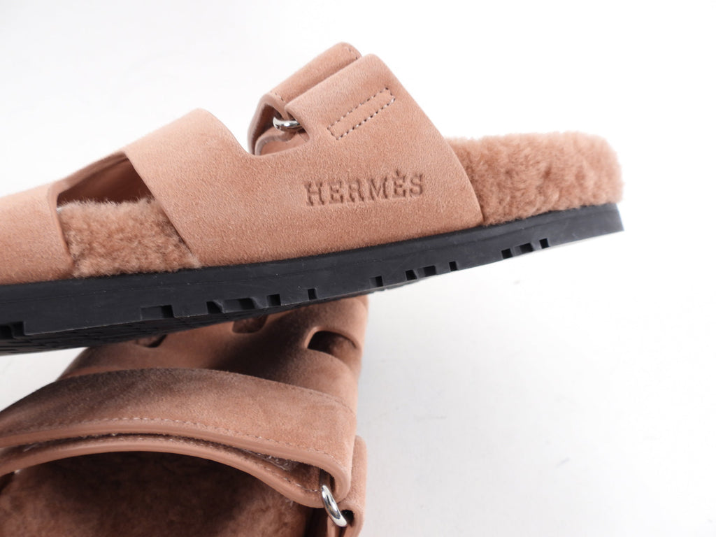 Hermes Chypre Shearling Quartz Pink Sandals - 36