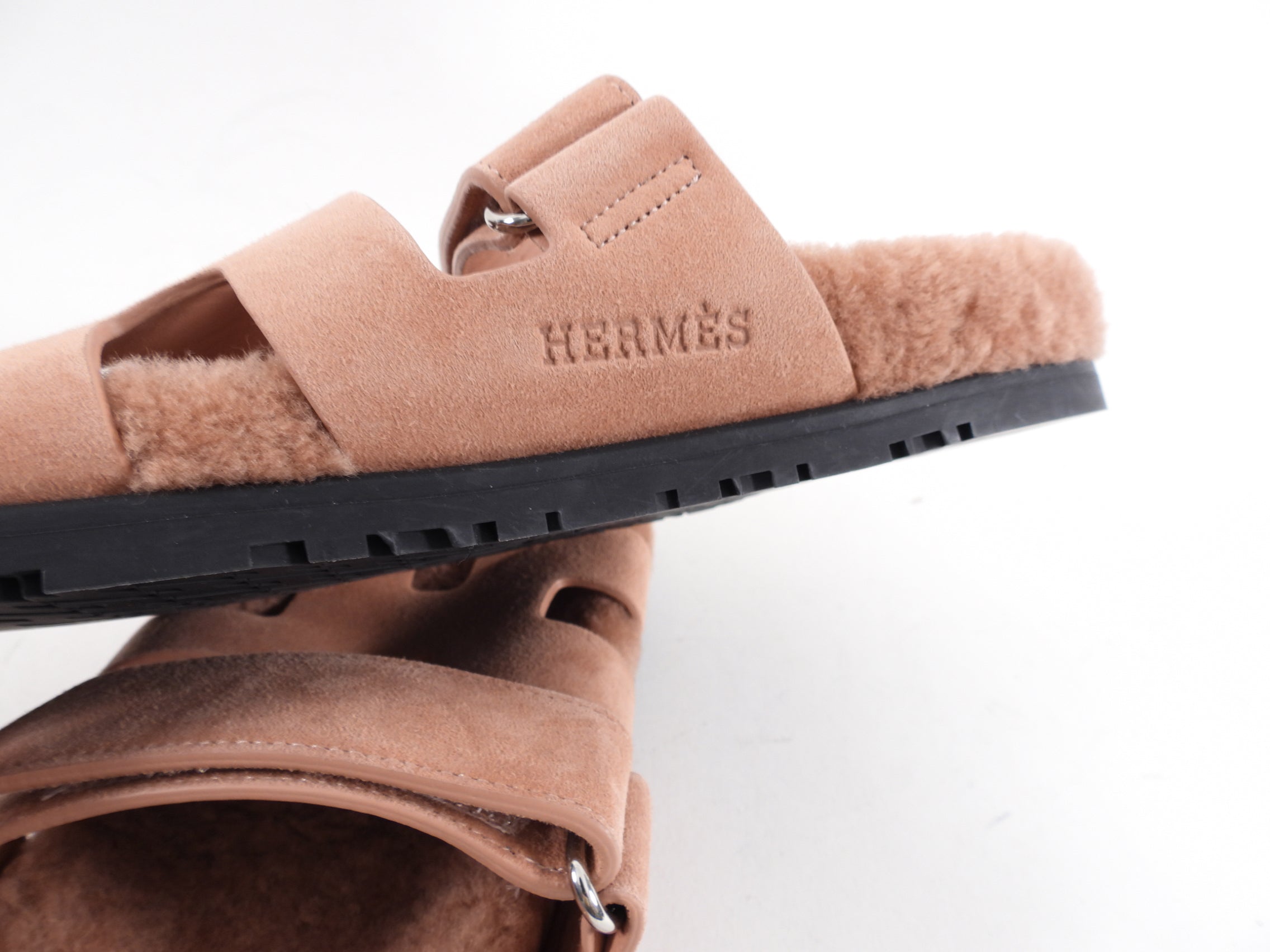 Hermes Chypre Shearling Quartz Pink Sandals - 36
