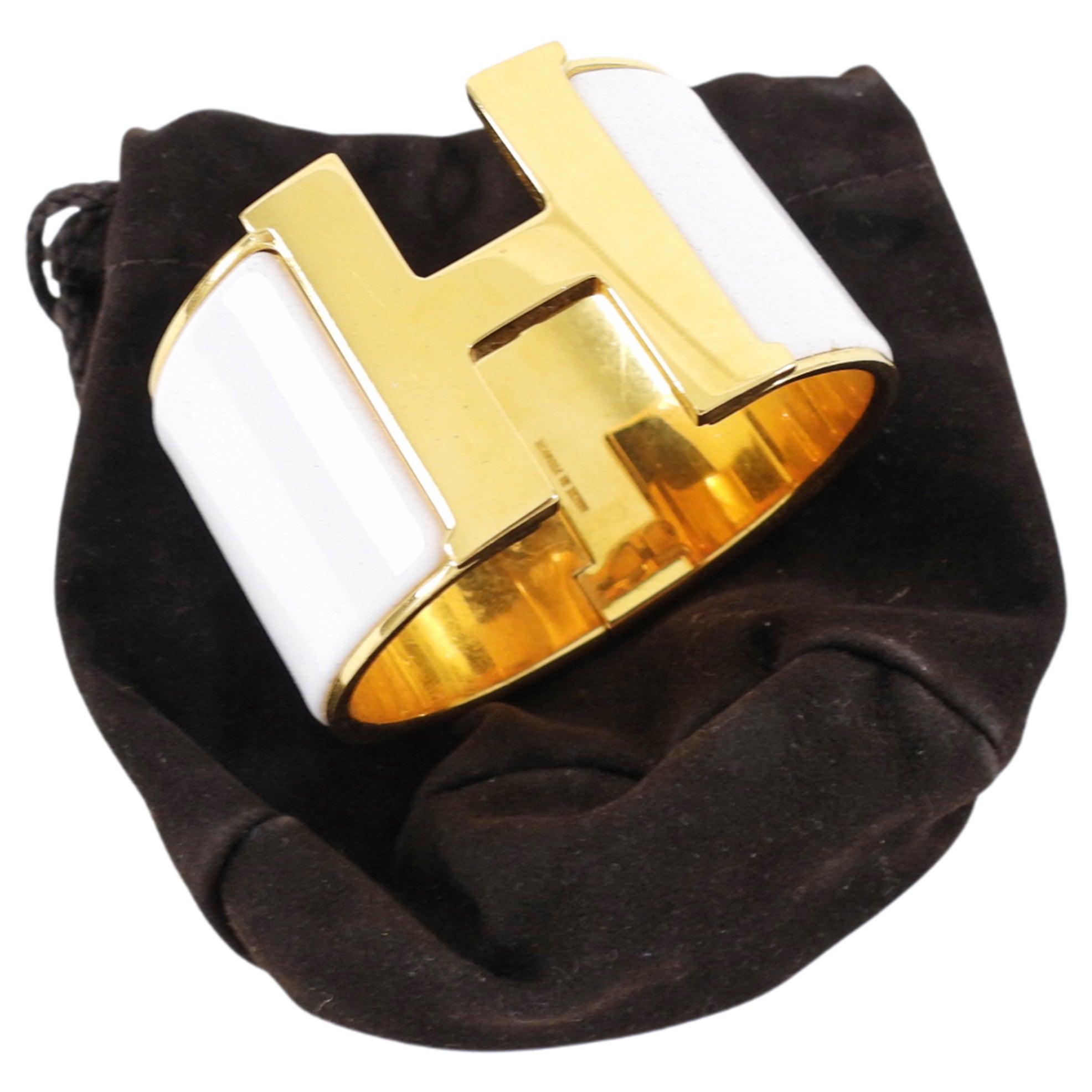 Hermes Extra Wide Clic H Bracelet in White and Gold