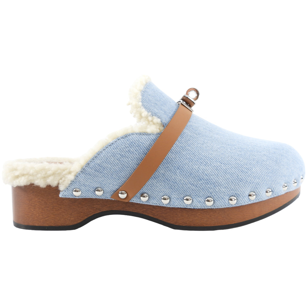 Hermes Bleu Clair Denim and Natural Leather Shearling Carlotta Mule - 37