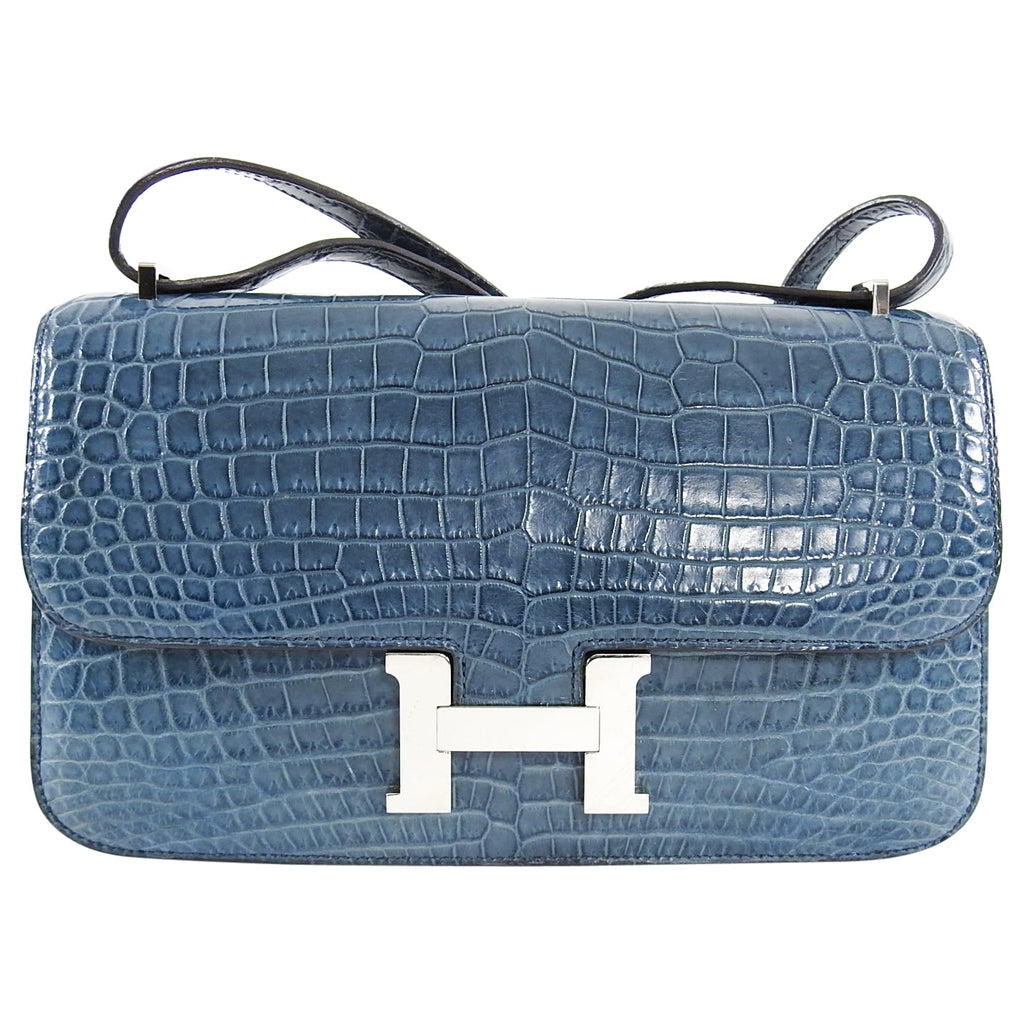 Hermes Constance Elan Matte Nilo Crocodile Blue Jean PHW