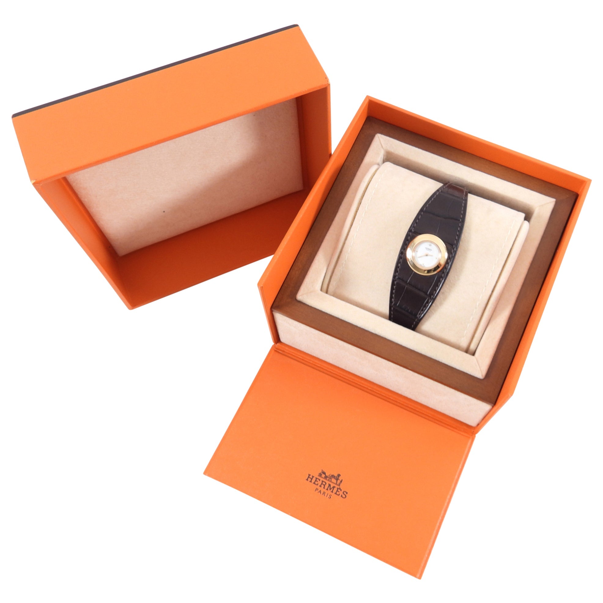 Hermes 15mm 18k Gold Faubourg Manchette Alligator Watch