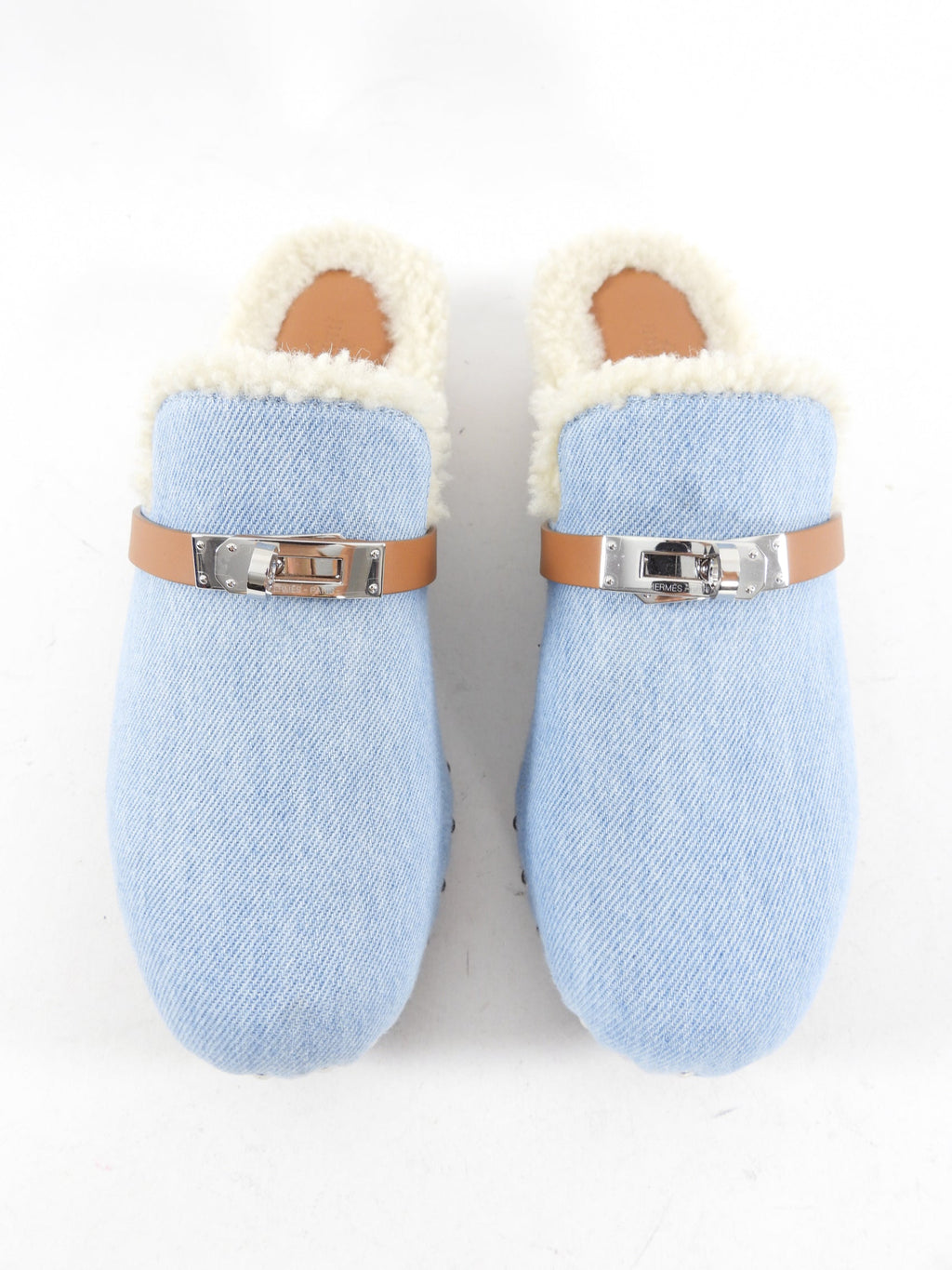 Hermes Bleu Clair Denim and Natural Leather Shearling Carlotta Mule - 37
