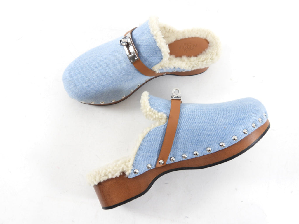 Hermes Bleu Clair Denim and Natural Leather Shearling Carlotta Mule - 37
