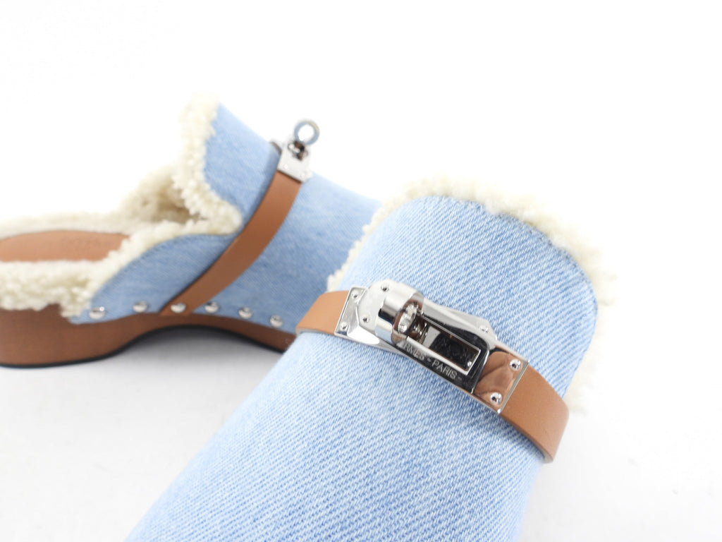 Hermes Bleu Clair Denim and Natural Leather Shearling Carlotta Mule - 37