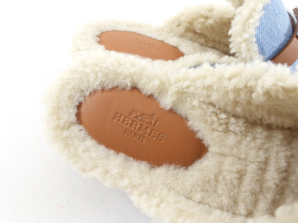 Hermes Bleu Clair Denim and Natural Leather Shearling Carlotta Mule - 37