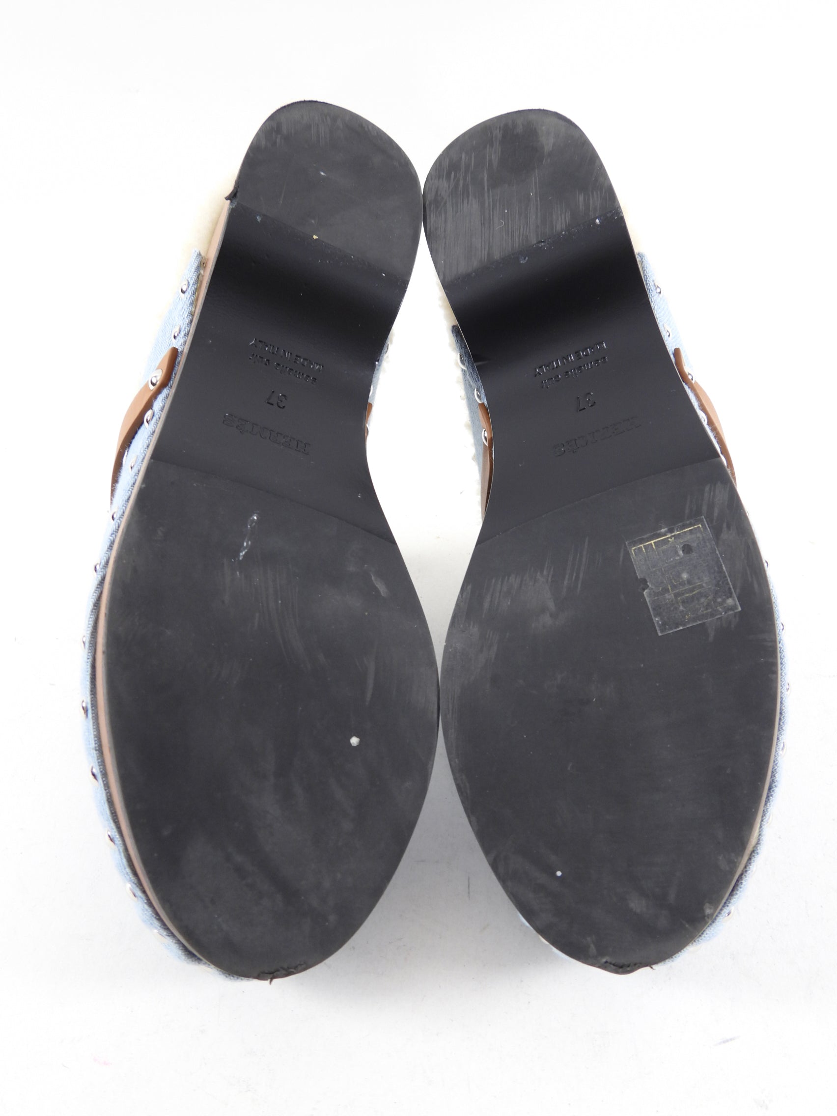 Hermes Bleu Clair Denim and Natural Leather Shearling Carlotta Mule - 37
