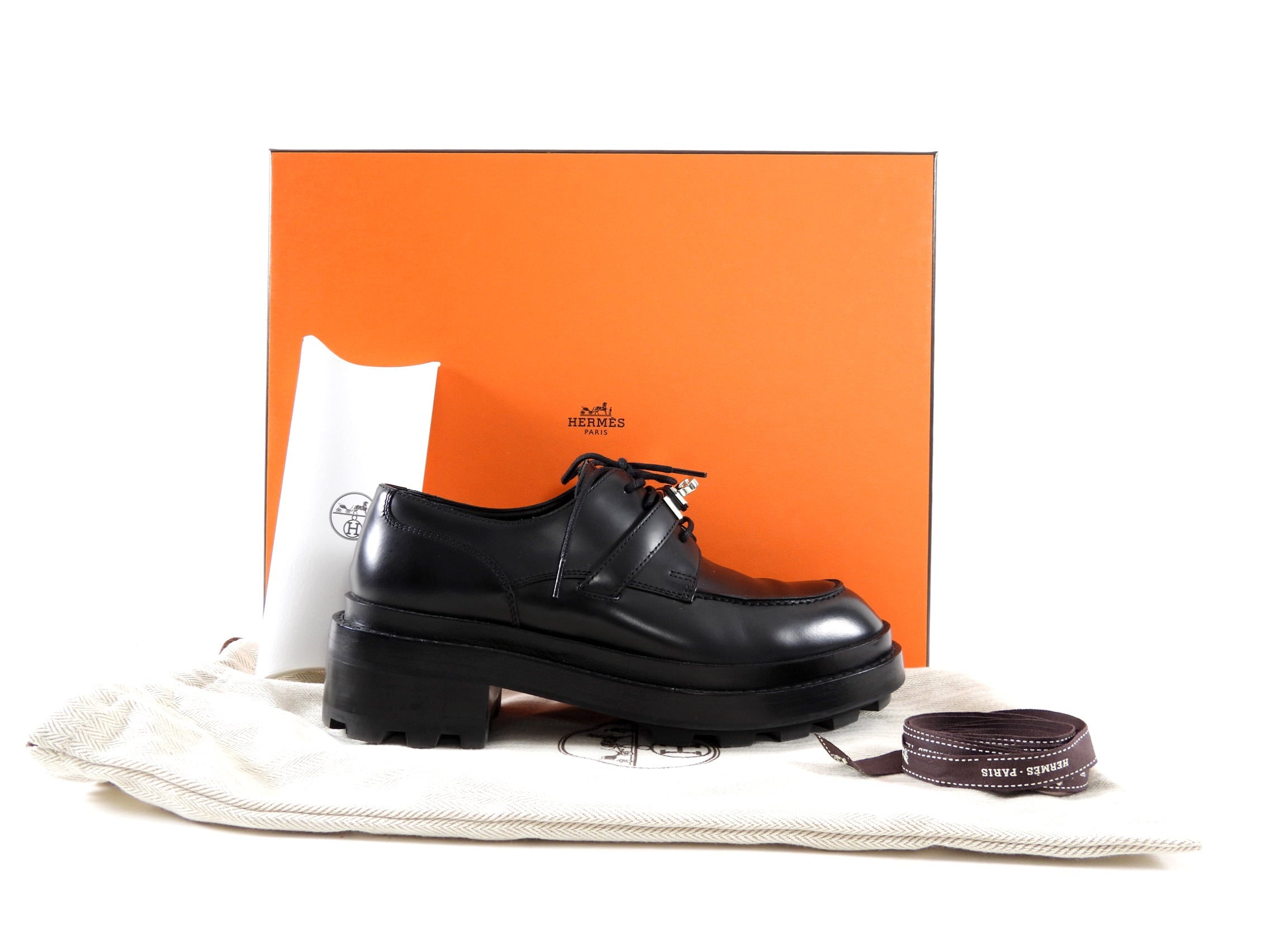 Hermes Black Glazed Leather First Oxford Shoes - 36.5
