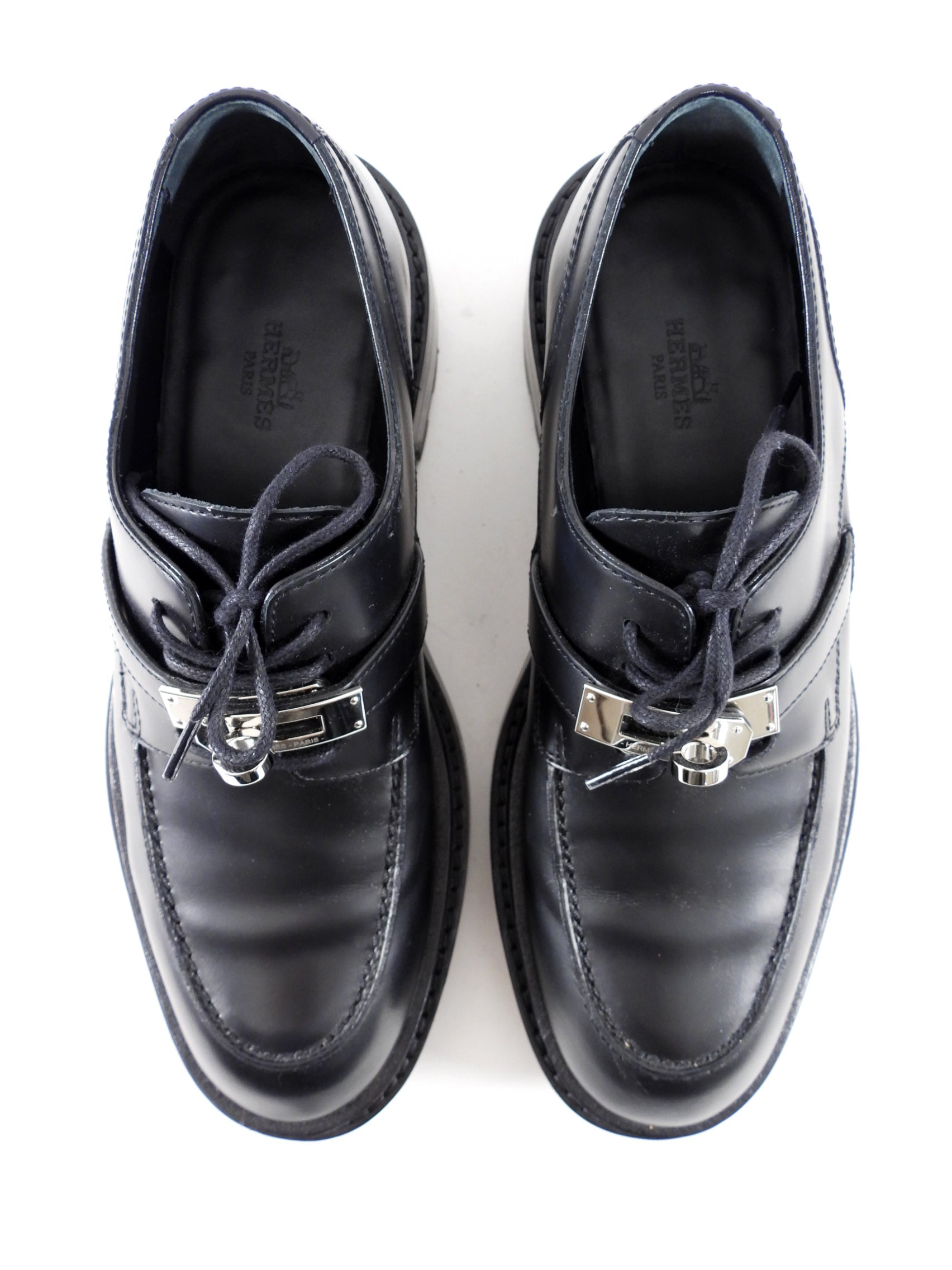 Hermes Black Glazed Leather First Oxford Shoes - 36.5