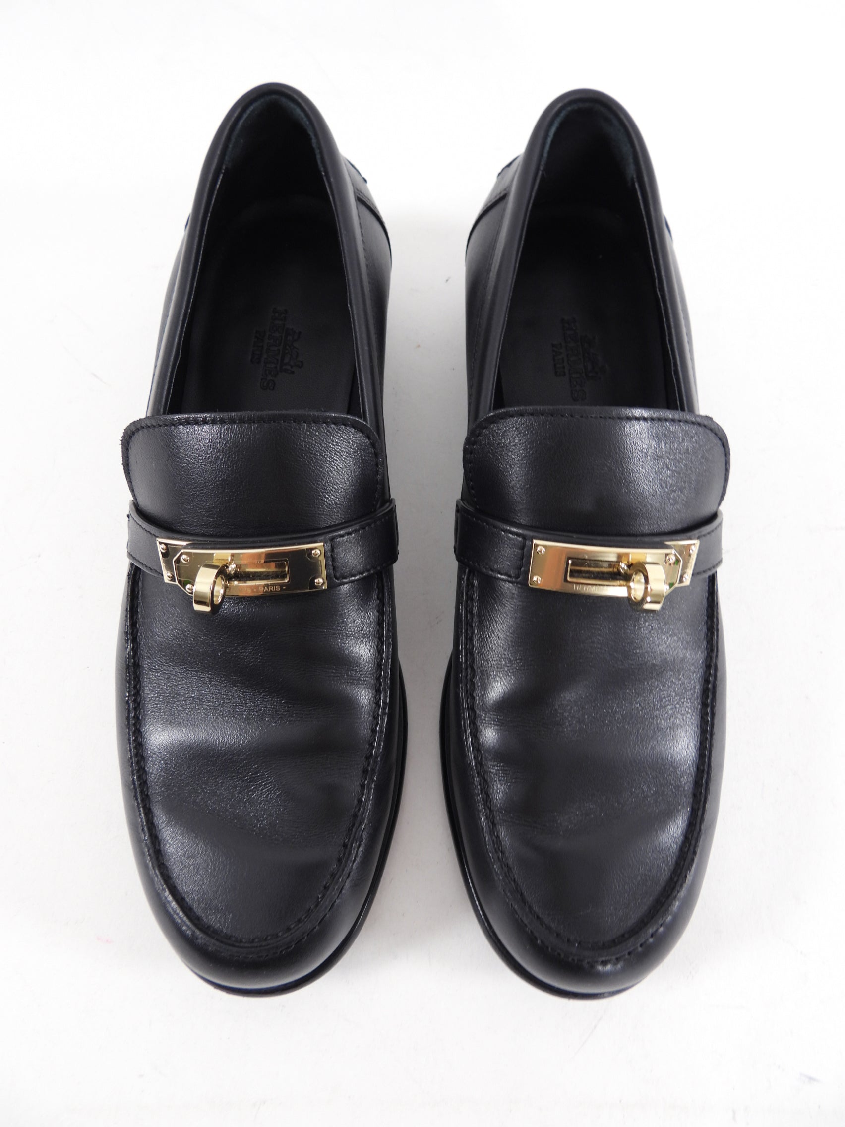 Hermes Black Leather Destin Loafer with GHW Kelly Buckle - 37