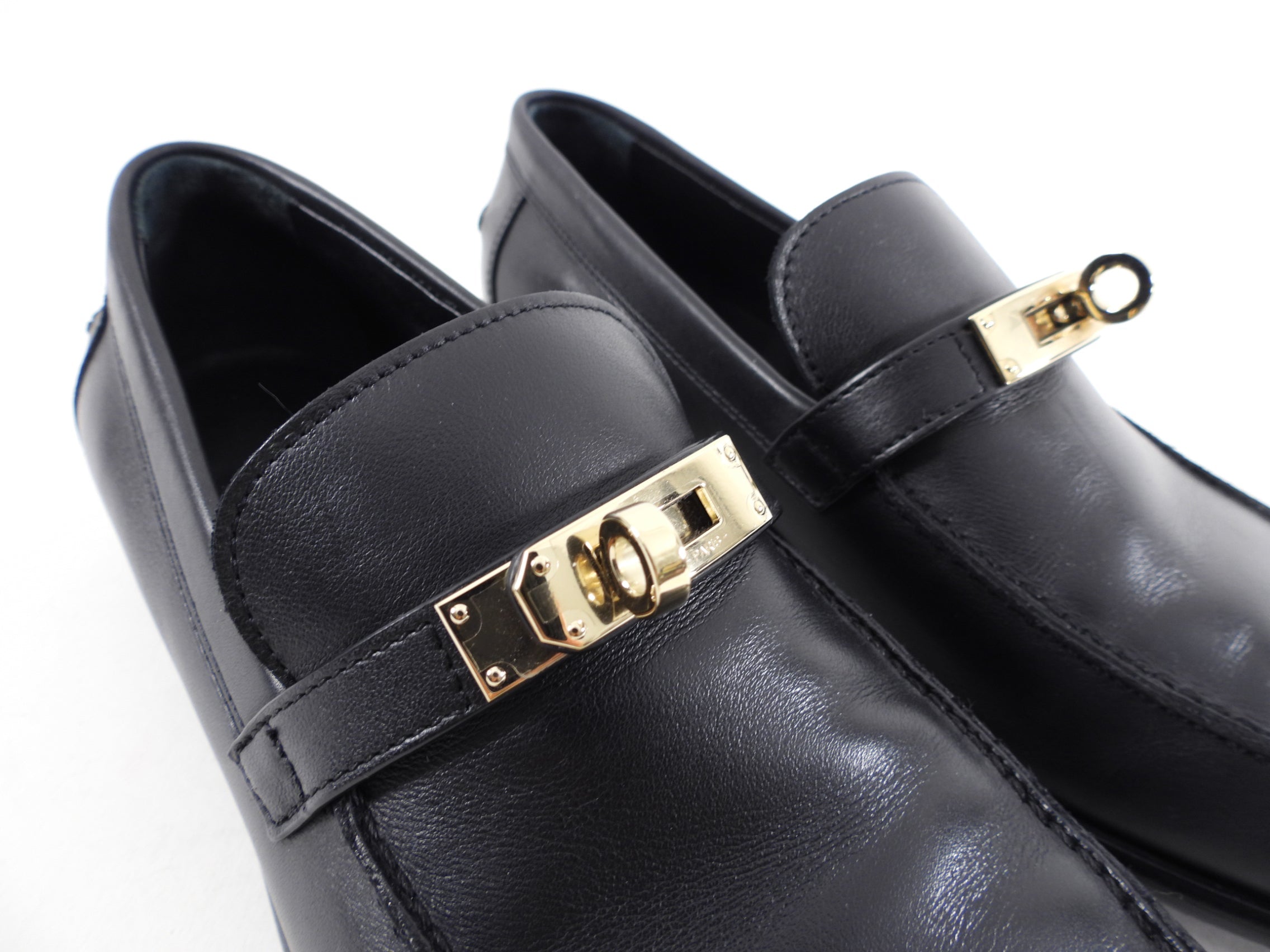 Hermes Black Leather Destin Loafer with GHW Kelly Buckle - 37