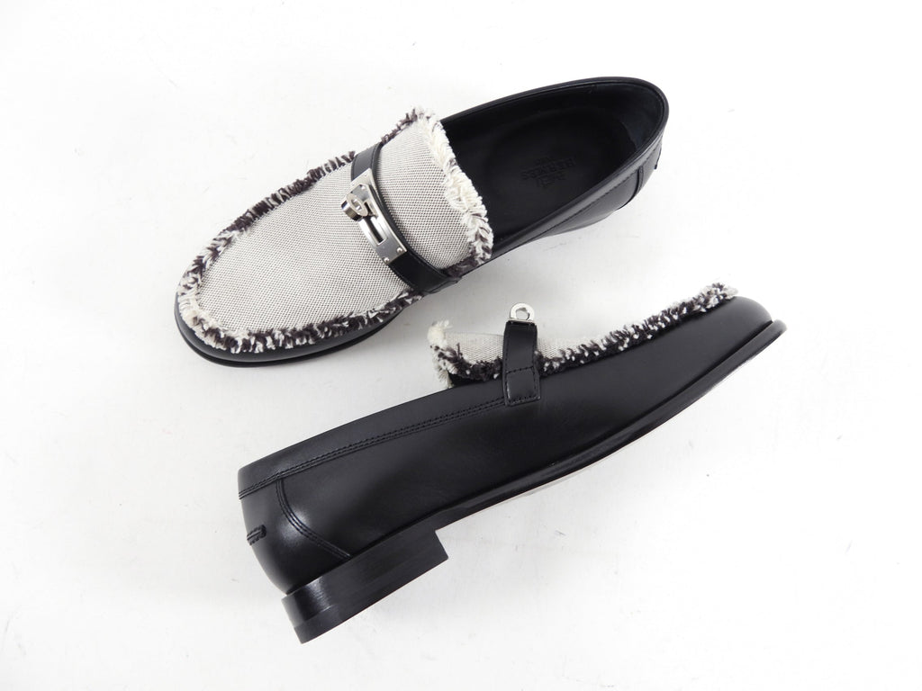 Hermes Black Leather and Toile Destin PHW Loafer - 37