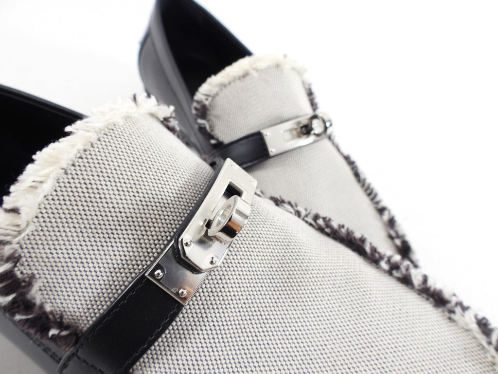 Hermes Black Leather and Toile Destin PHW Loafer - 37