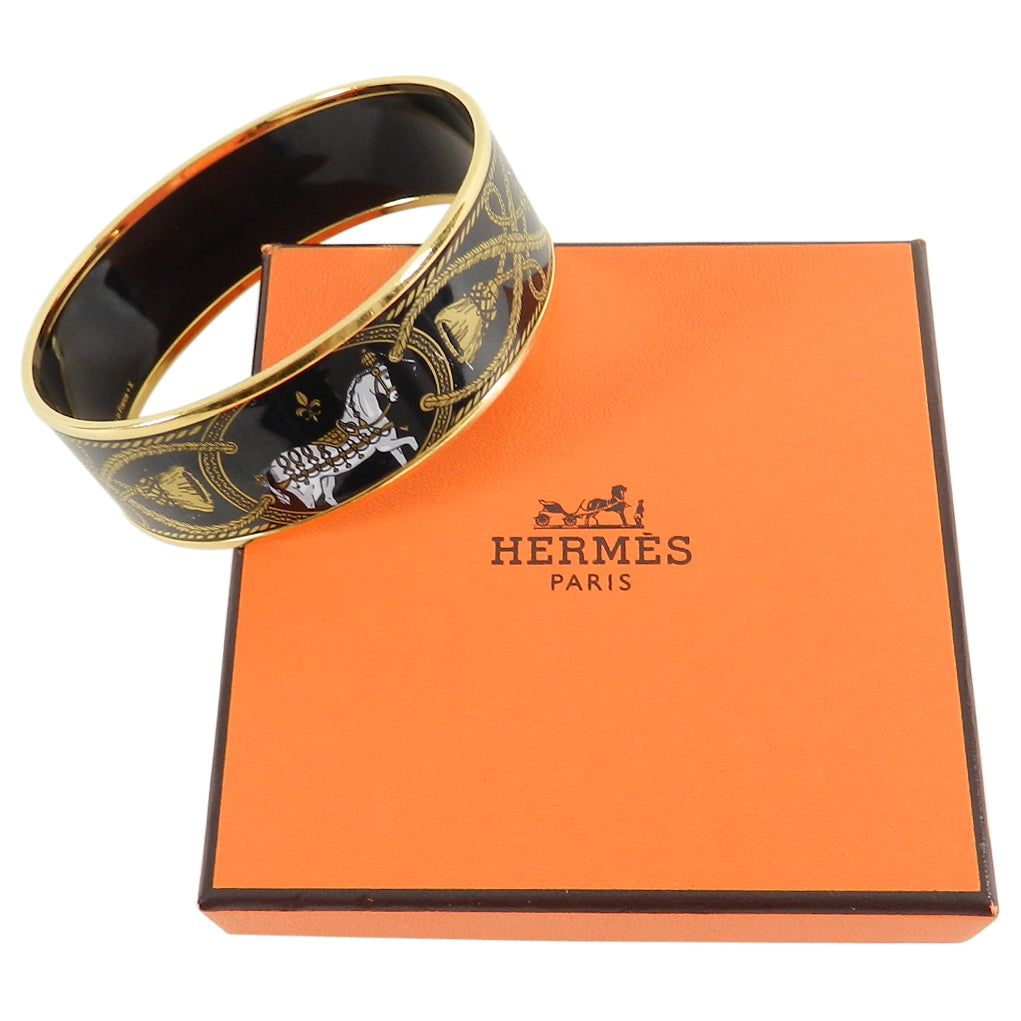 Hermes Wide Black and Gold Enamel Horse Bangle Bracelet