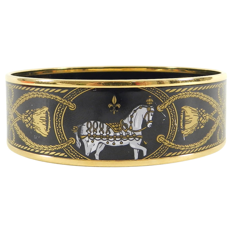 Hermes Wide Black and Gold Enamel Horse Bangle Bracelet