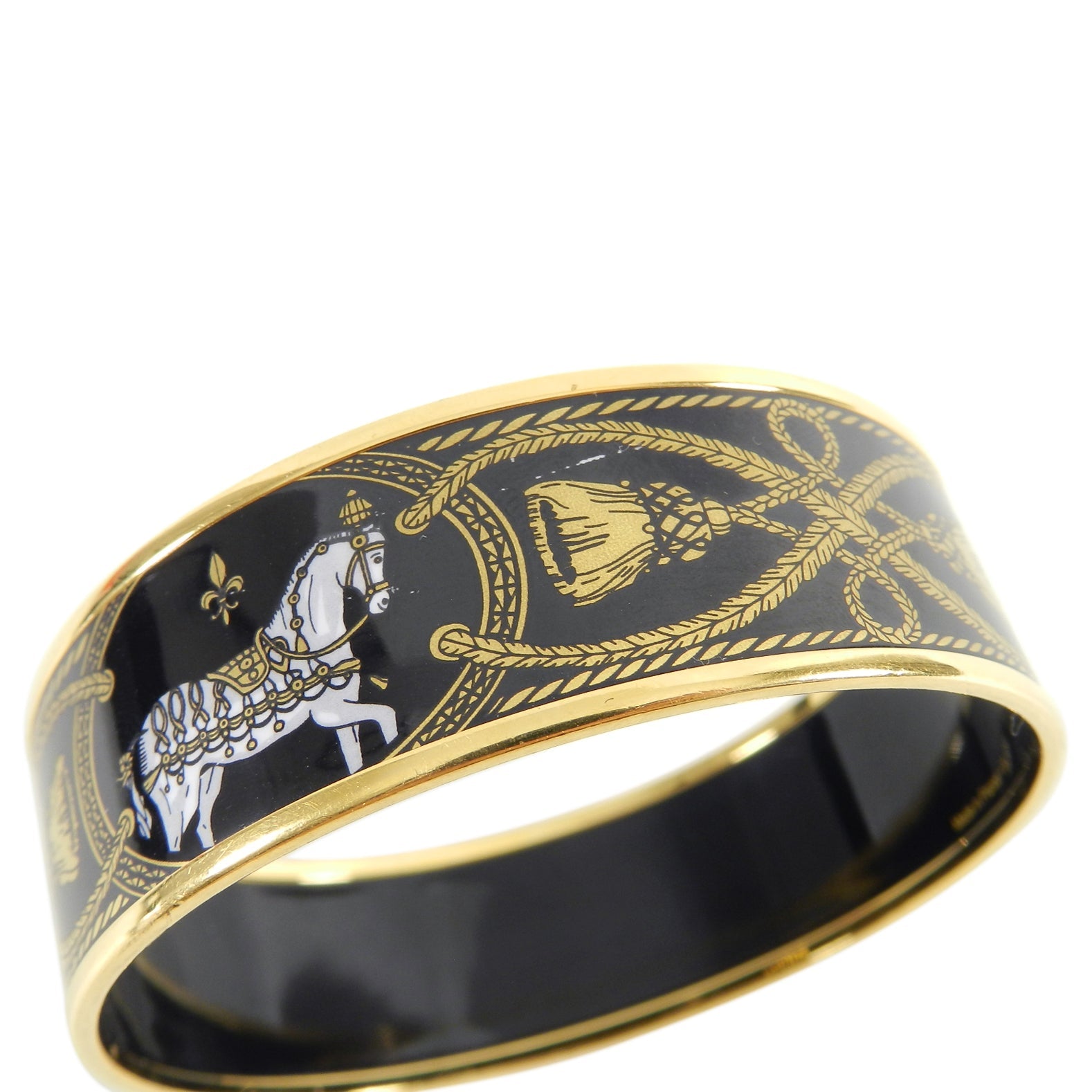 Hermes Wide Black and Gold Enamel Horse Bangle Bracelet