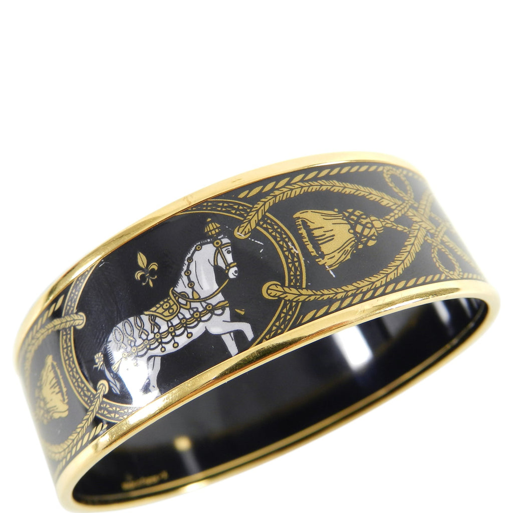 Hermes Wide Black and Gold Enamel Horse Bangle Bracelet