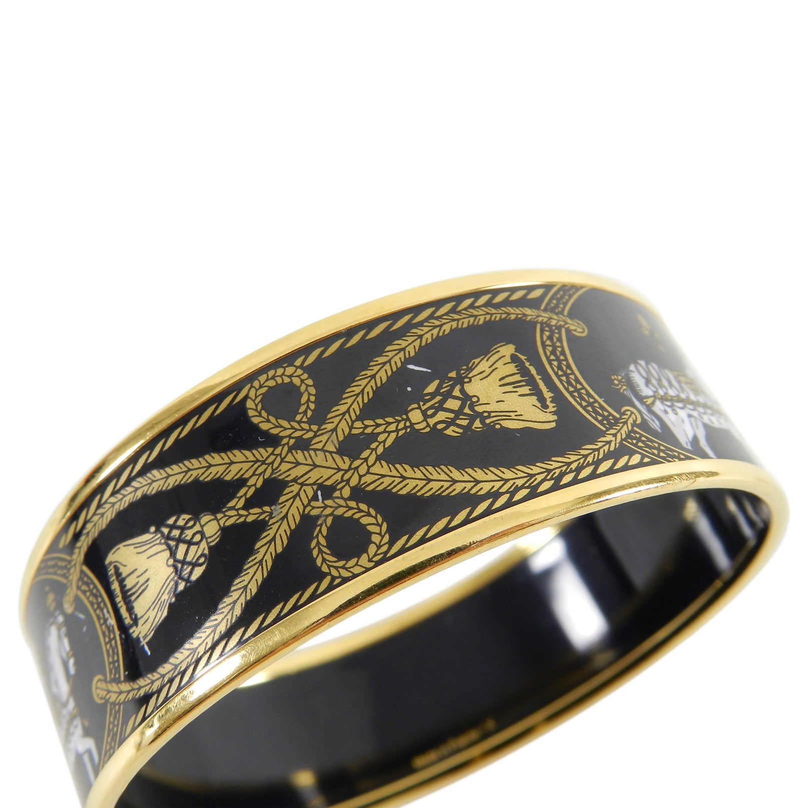 Hermes Wide Black and Gold Enamel Horse Bangle Bracelet